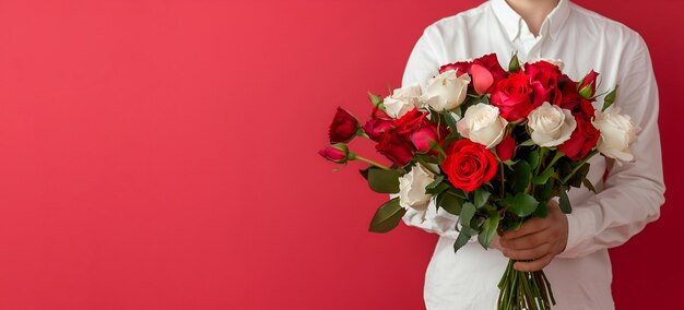 Um homem de camisa branca segura um buquê de flores em um fundo vermelho