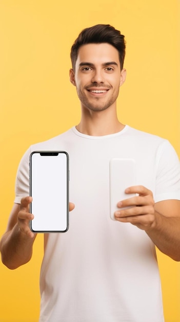 Foto um homem de camisa branca segurando um telefone celular