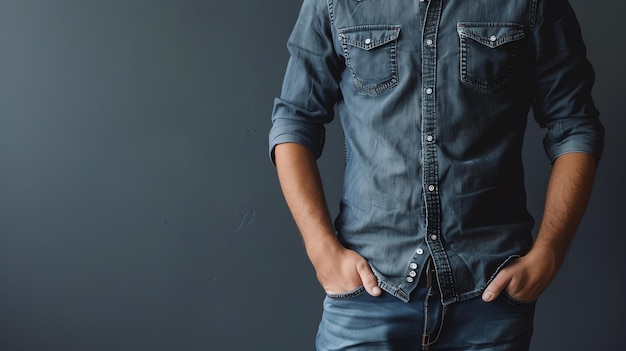 Um homem de camisa de jeans azul e jeans com as mãos nos bolsos