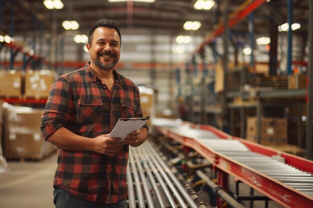 Foto um homem de camisa em xadrez está sorrindo e segurando um caderno