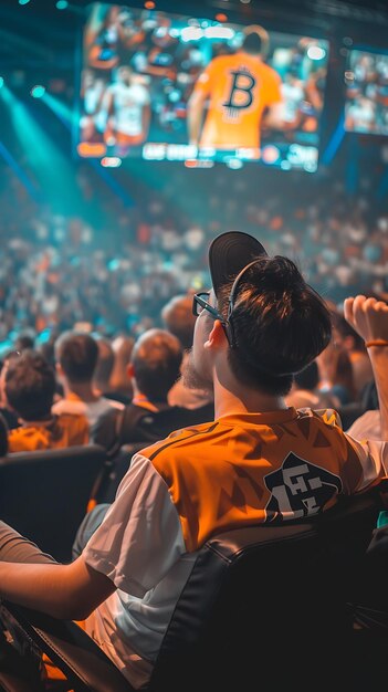 Foto um homem de camisa laranja está a ver um concerto.