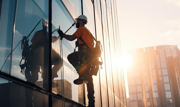 Foto um homem de camisa laranja está subindo o lado de um edifício