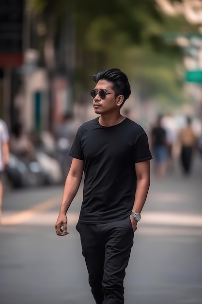 Um homem de camisa preta e óculos escuros caminha por uma rua.