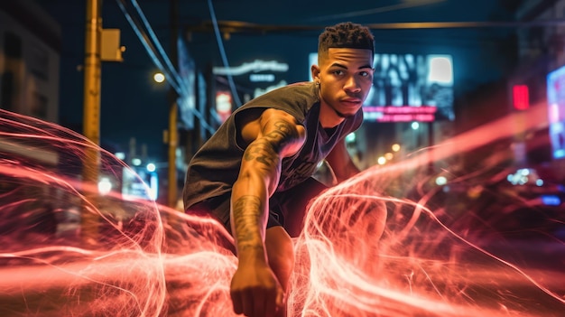 Foto um homem de camisa preta está segurando uma lâmpada na frente de um letreiro de néon que diz 'power'