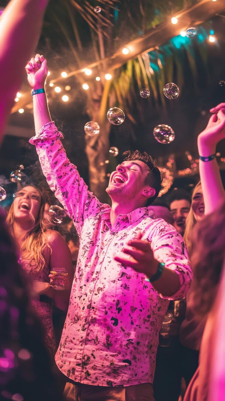 Foto um homem de camisa rosa está a celebrar com bolhas.