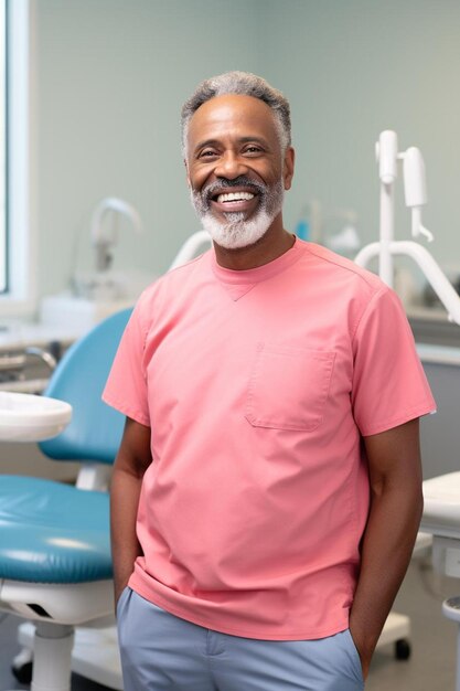 um homem de camisa rosa está em frente a uma cadeira dental