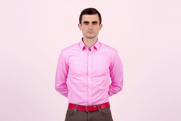 Um homem de camisa rosa fica na frente de um fundo rosa.