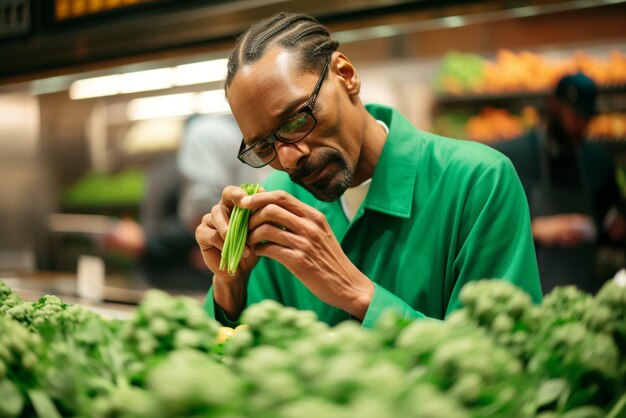 Um homem de camisa verde está segurando um pedaço de brócolis na frente de uma seção de produtos hortifrutigranjeiros.