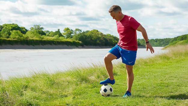 um homem de camisa vermelha e calções azuis com uma bola de futebol