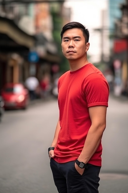 Um homem de camisa vermelha está parado na rua em frente a um carro vermelho.