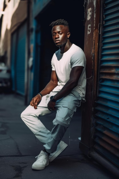 Foto um homem de camiseta branca e calça branca está sentado em uma esquina.