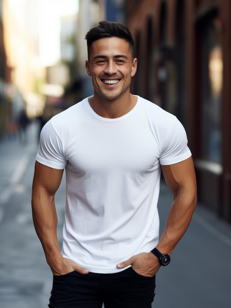 Foto um homem de camiseta branca sorrindo e olhando para a câmera para uma camiseta de maquete