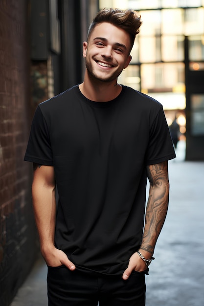 Foto um homem de camiseta preta com tatuagens sorrindo