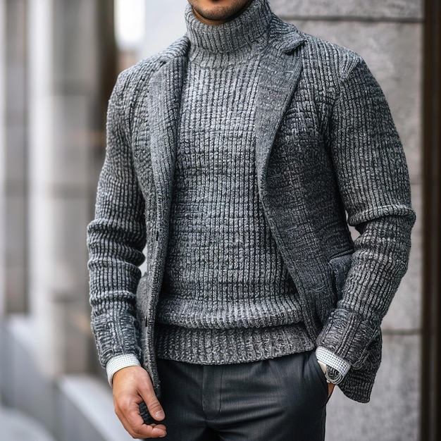 um homem de camisola cinzenta está em frente a um edifício