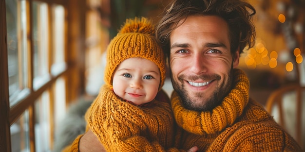 Um homem de camisola de tricô está sorrindo enquanto segura uma menina em seus braços o duo pai-filha exala amor e felicidade neste momento comovente