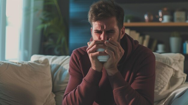 Um homem de camisola está a beber de uma chávena.