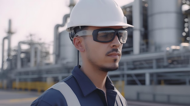 Um homem de capacete branco e óculos está em frente a uma fábrica.