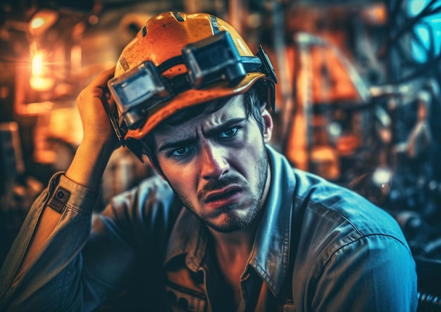 Um homem de capacete com óculos de segurança senta-se em uma fábrica.