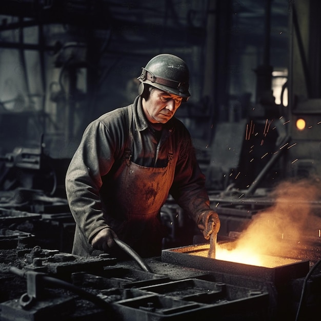 Um homem de capacete e avental está em uma fundição com uma barra de metal ao fundo.