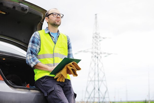 Um homem de capacete e uniforme, eletricista de campo. O engenheiro eletricista profissional inspeciona as linhas de energia durante o trabalho.