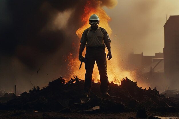 Foto um homem de capacete está em frente a um fogo ardente