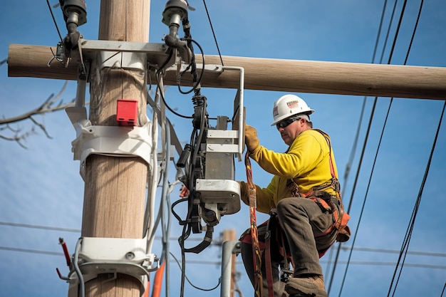 Um homem de capacete está em um poste de energia geradora de imagem ai trabalhadores da linha de energia