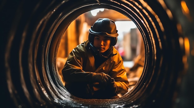 Um homem de capacete olha para fora de um cano.