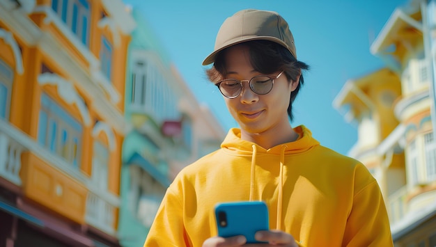 Um homem de capuz amarelo está olhando para um telefone celular na frente de um edifício com um telhado amarelo