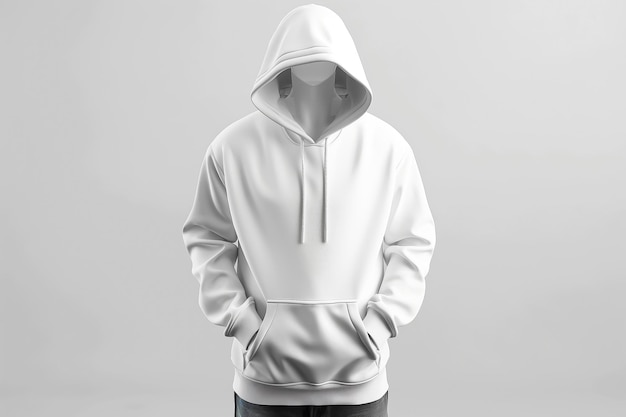 Um homem de capuz branco de pé com as mãos nos bolsos Mockup Design