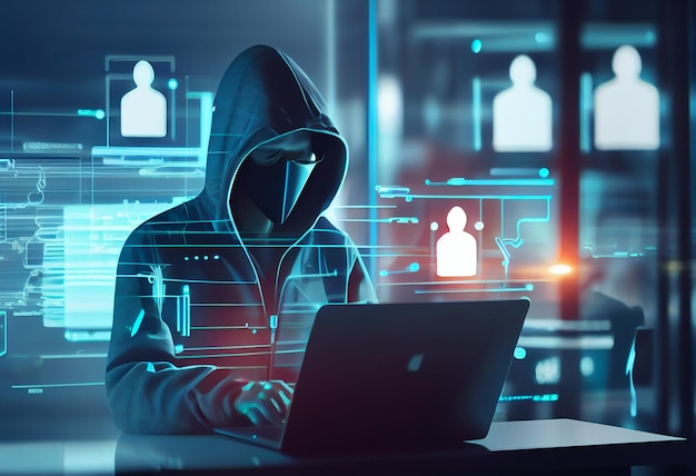 Um homem de capuz com um laptop e uma placa com informações sobre os hackers.