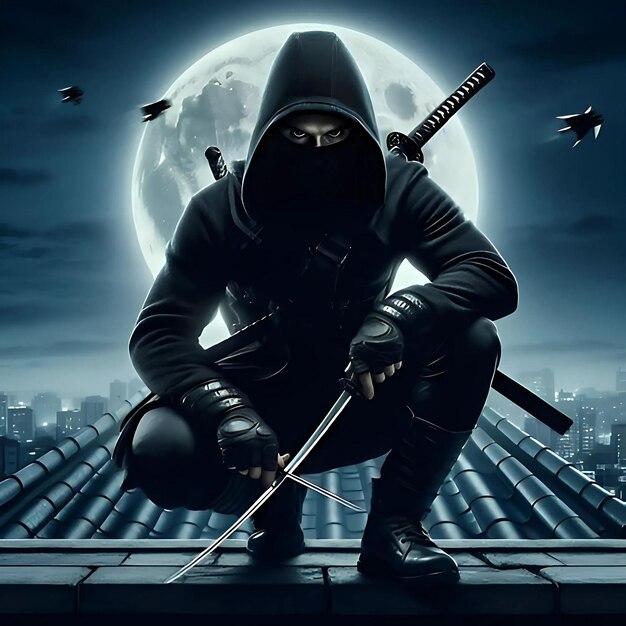 Foto um homem de capuz preto com uma espada e a palavra ninja nela.