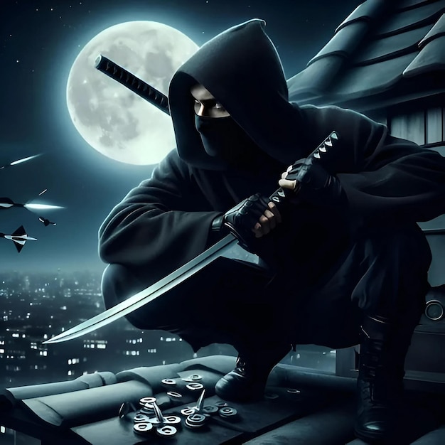 Foto um homem de capuz preto está segurando uma faca e uma faca na frente de uma lua cheia