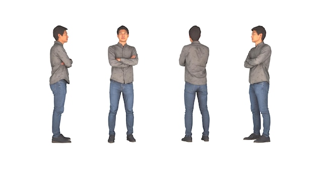 Um homem de caráter humano isolado, vestido com uma camisa cinza e jeans, fica com os braços cruzados