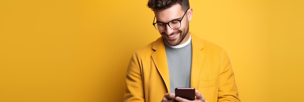 Um homem de casaco amarelo está olhando para um telefone.