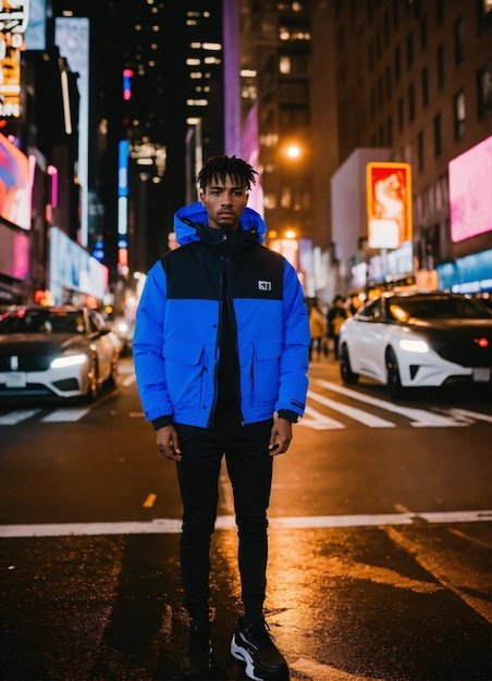 Um homem de casaco azul e preto está na rua.