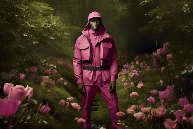 Um homem de casaco de chuva rosa está em um campo de flores.