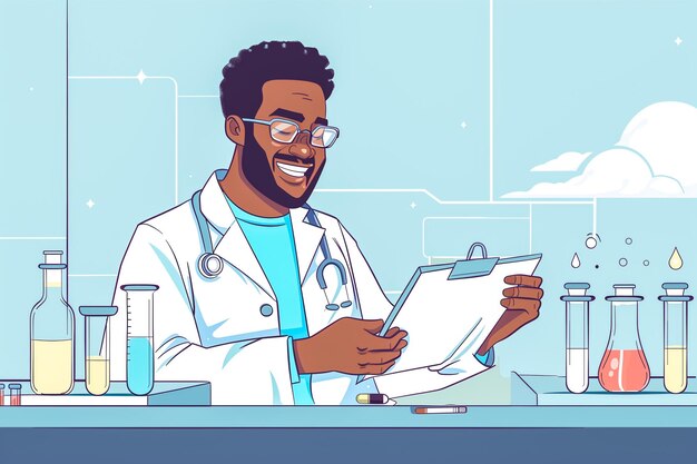 Um homem de casaco de laboratório branco está sorrindo e segurando um caderno
