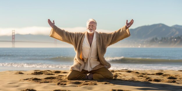 Foto um homem de casaco de pele faz ioga na praia.