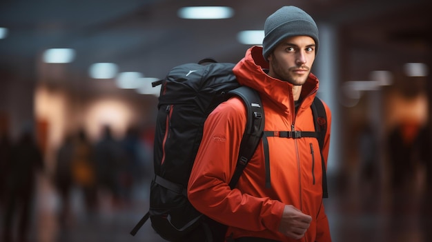 Um homem de casaco laranja com uma mochila preta