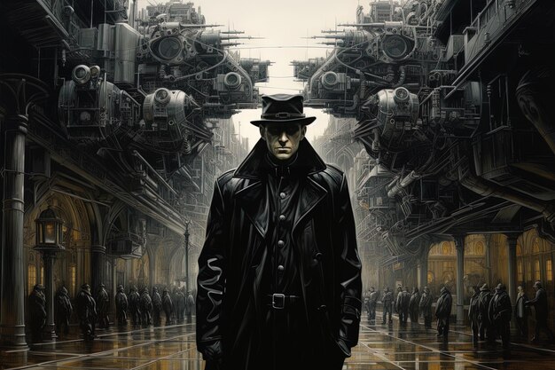 Foto um homem de casaco preto e chapéu está de pé em frente a uma parede de soldados