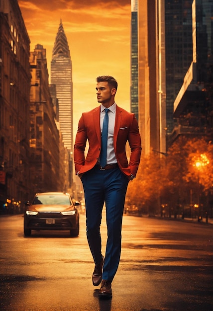 um homem de casaco vermelho está de pé na rua na frente de um carro