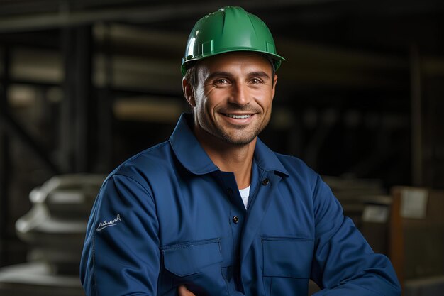 Foto um homem de chapéu azul e capacete sorrindo diante de um fundo escuro