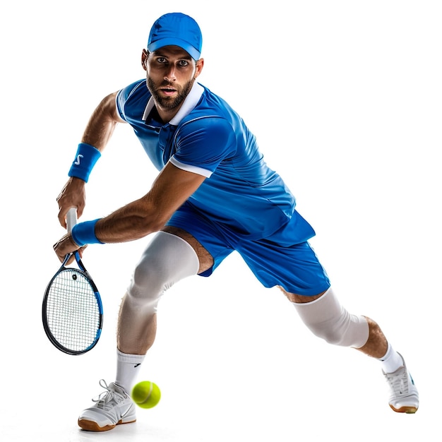 um homem de chapéu azul está jogando tênis com uma raquete