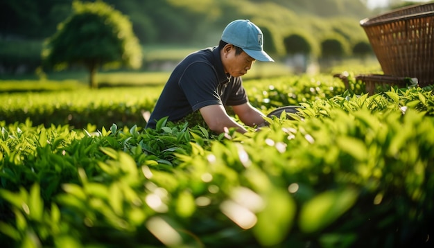 um homem de chapéu azul está trabalhando em um campo de milho