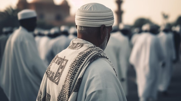 Um homem de chapéu branco está na frente de uma multidão de homens muçulmanos.