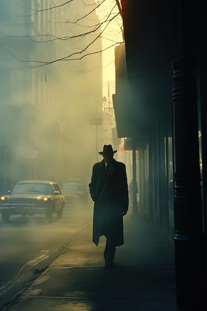 Um homem de chapéu caminha por uma rua na névoa.