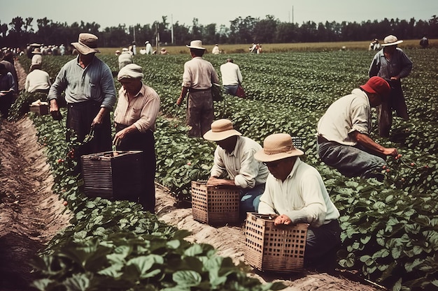 Um homem de chapéu está colhendo alface em um campo.