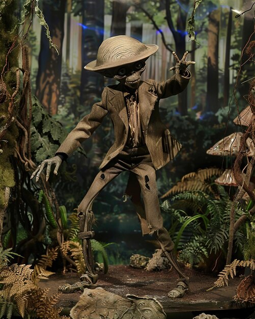 Foto um homem de chapéu está de pé numa selva com um bastão na mão.