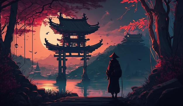 Um homem de chapéu está em frente a uma paisagem japonesa.