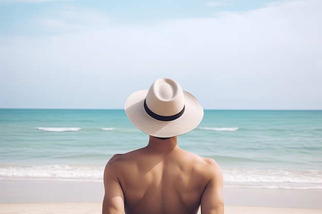 Um homem de chapéu fica em uma praia olhando para o oceano